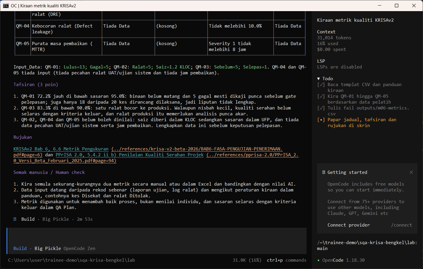 Allow once. CSV metrik memaparkan setiap formula.