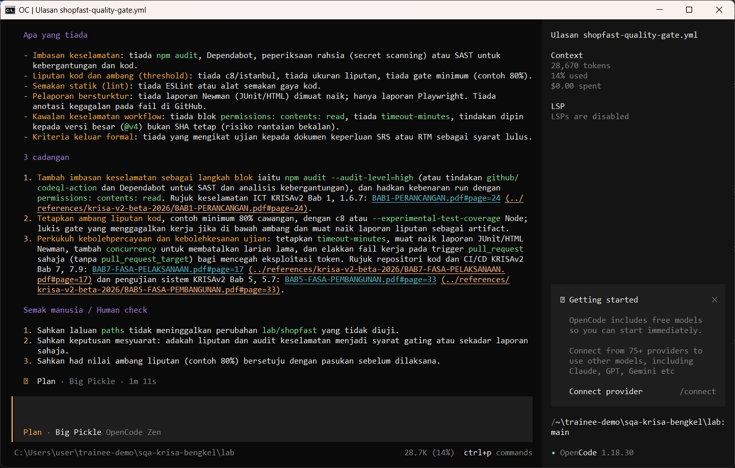 Minta ejen Plan menyemak quality gate GitHub Actions.